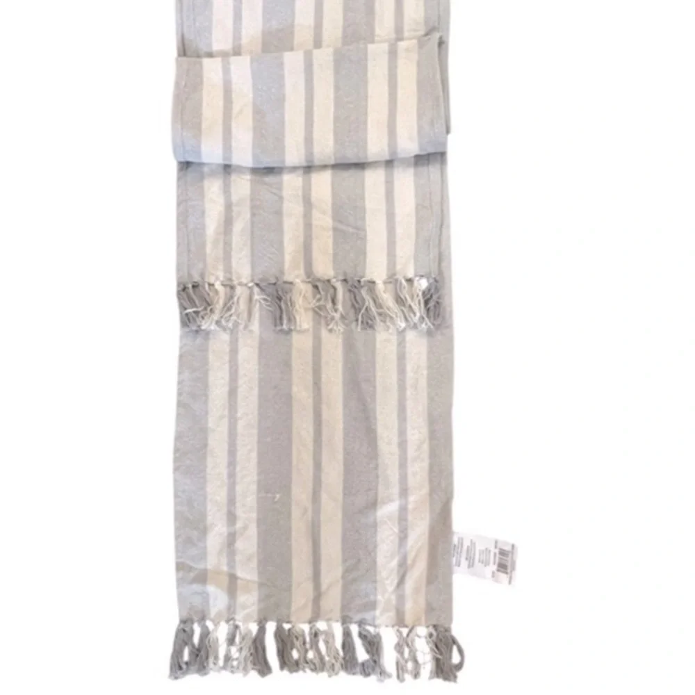 Vapor Multi Sasha Stripe Cotton FringeTable Runner 16” x 90” cream & blue-gray